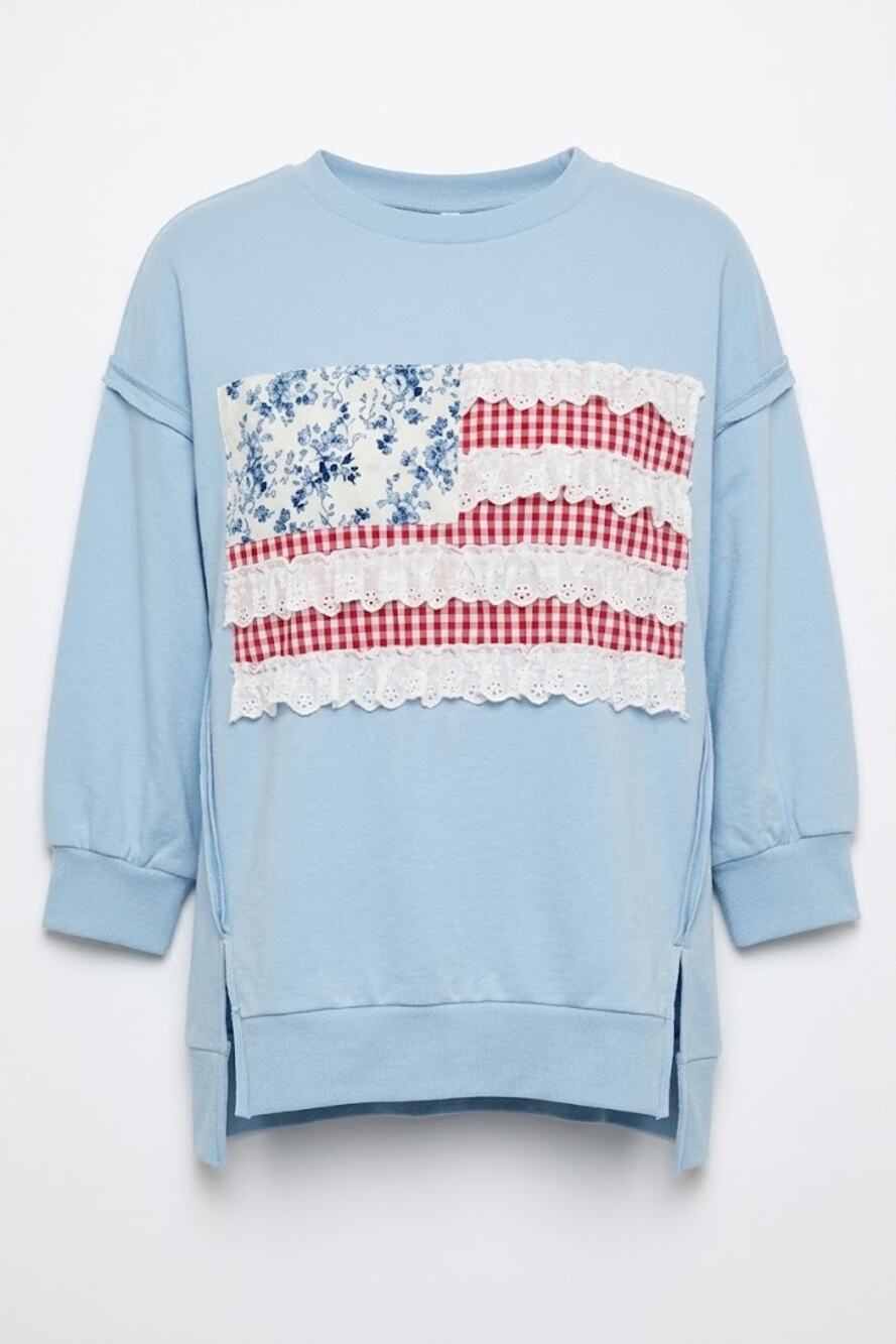B1031. BiBi Light Blue Dainty Miss Americana Patchwork 3/4 Sleeve Terry Shirt